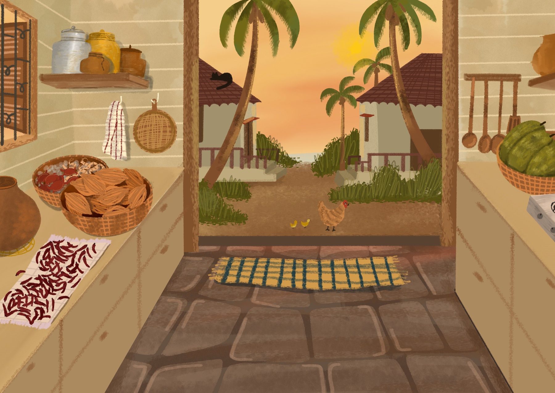 Illustration of a coastal Mangalorean kitchen doorway opening onto a palm-lined street at sunset
